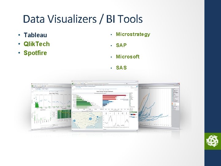 Data Visualizers / BI Tools • Tableau • Qlik. Tech • Spotfire • Microstrategy