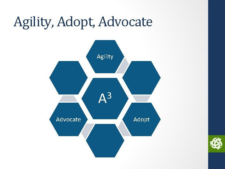 Agility, Adopt, Advocate Agility 3 A Advocate Adopt 