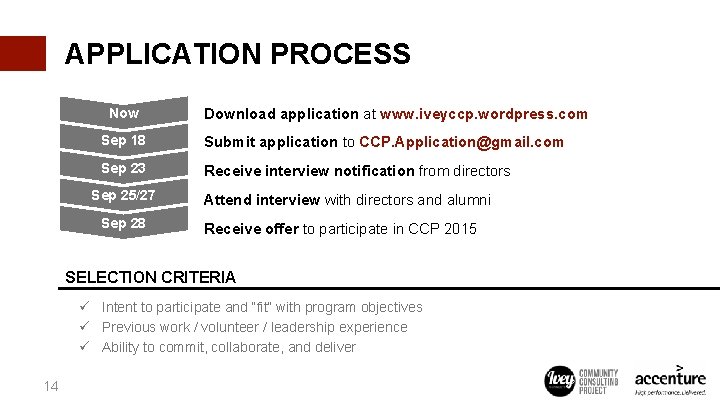 APPLICATION PROCESS Now Download application at www. iveyccp. wordpress. com Sep 18 Submit application