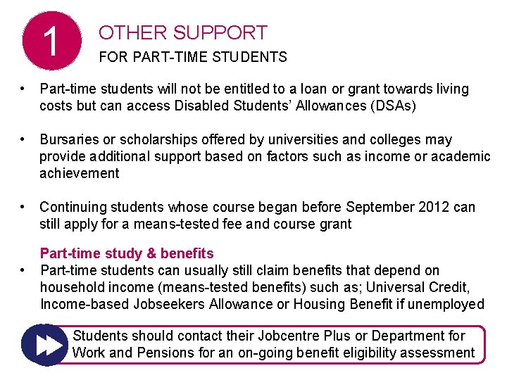 1 OTHER SUPPORT FOR PART-TIME STUDENTS • Part-time students will not be entitled to