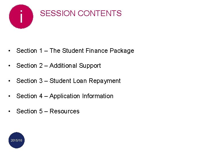 i SESSION CONTENTS • Section 1 – The Student Finance Package • Section 2
