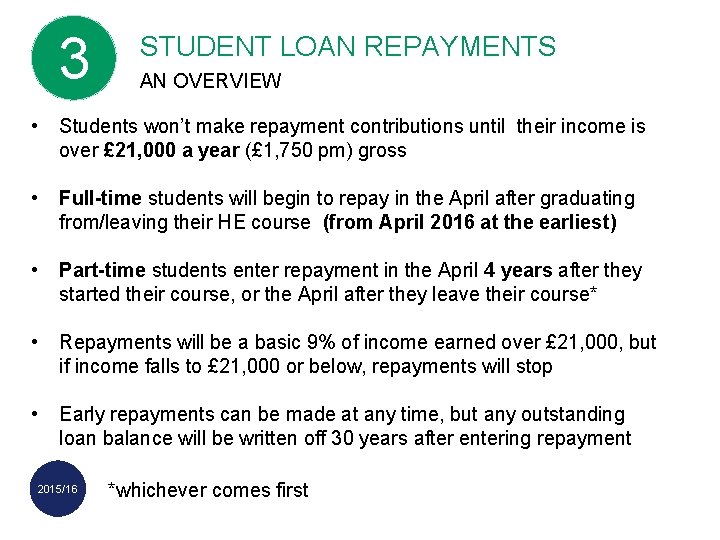 3 STUDENT LOAN REPAYMENTS AN OVERVIEW • Students won’t make repayment contributions until their