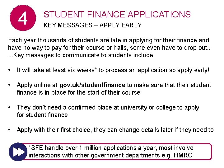 4 STUDENT FINANCE APPLICATIONS KEY MESSAGES – APPLY EARLY Each year thousands of students