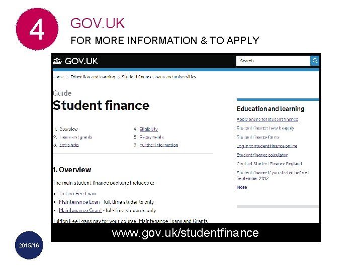 4 GOV. UK FOR MORE INFORMATION & TO APPLY www. gov. uk/studentfinance 2015/16 