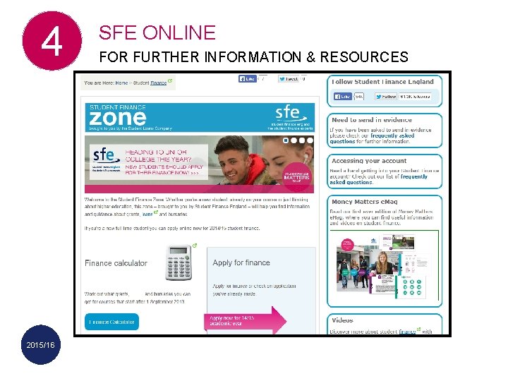 4 SFE ONLINE FOR FURTHER INFORMATION & RESOURCES www. thestudentroom. co. uk/studentfinance www. facebook.