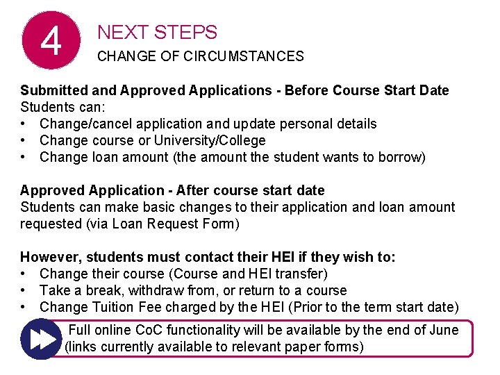 4 NEXT STEPS CHANGE OF CIRCUMSTANCES Submitted and Approved Applications - Before Course Start