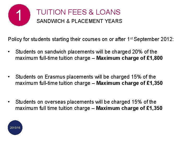 1 TUITION FEES & LOANS SANDWICH & PLACEMENT YEARS Policy for students starting their