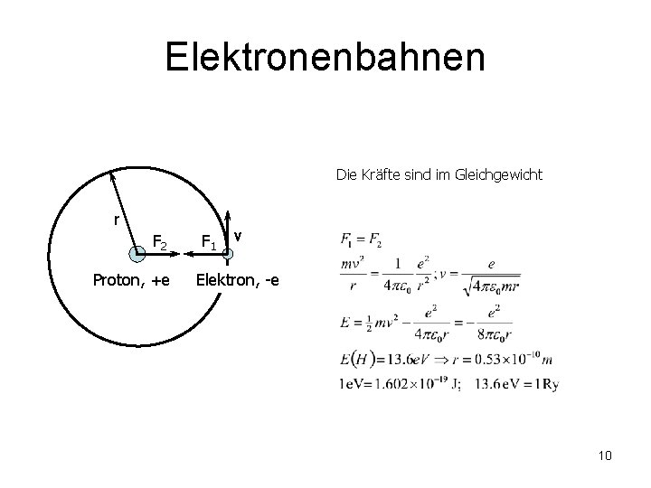Elektronenbahnen Die Kräfte sind im Gleichgewicht r F 2 Proton, +e F 1 v