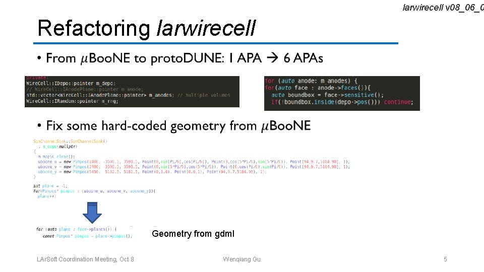 larwirecell v 08_06_0 Refactoring larwirecell • Geometry from gdml LAr. Soft Coordination Meeting, Oct