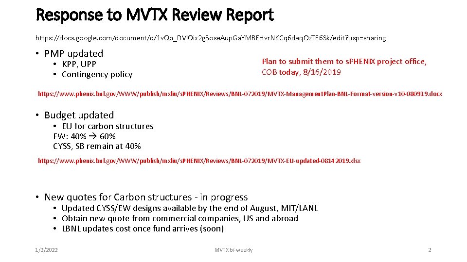 Response to MVTX Review Report https: //docs. google. com/document/d/1 v. Qp_DVl. Oix 2 g