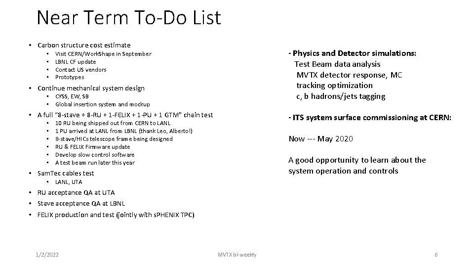 Near Term To-Do List • Carbon structure cost estimate • • - Physics and