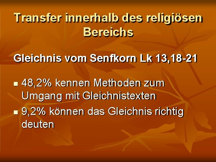 Transfer innerhalb des religiösen Bereichs Gleichnis vom Senfkorn Lk 13, 18 -21 48, 2%