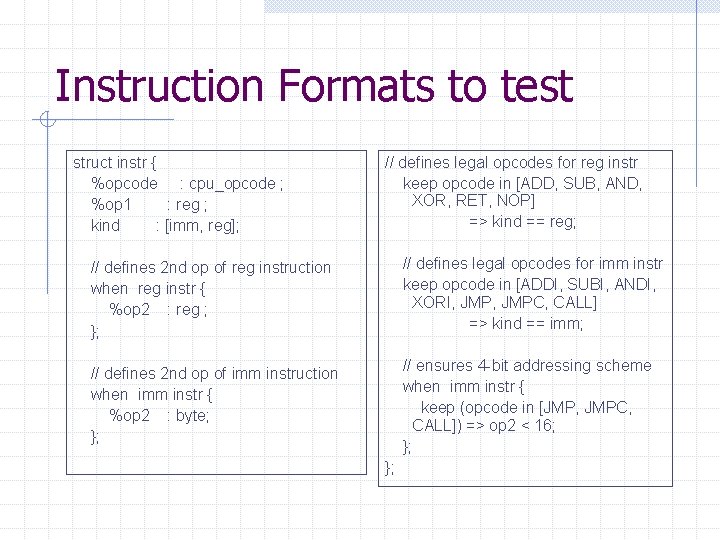 Instruction Formats to test struct instr { %opcode : cpu_opcode ; %op 1 :