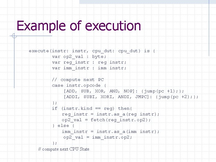 Example of execution execute(instr: instr, var op 2_val : var reg_instr var imm_instr cpu_dut:
