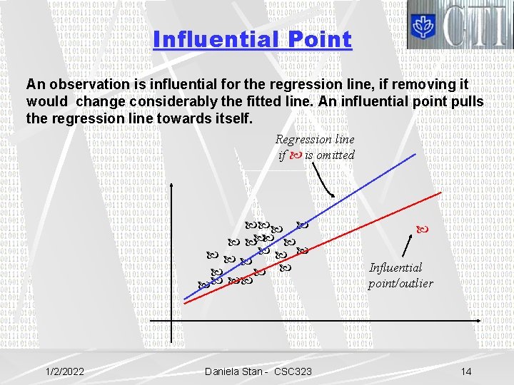 Influential Point An observation is influential for the regression line, if removing it would