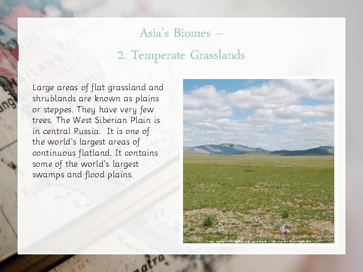 Asia’s Biomes – 2. Temperate Grasslands Large areas of flat grassland shrublands are known