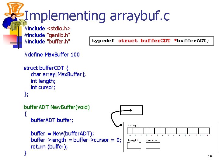 Implementing arraybuf. c #include <stdio. h> #include "genlib. h" #include "buffer. h" typedef struct