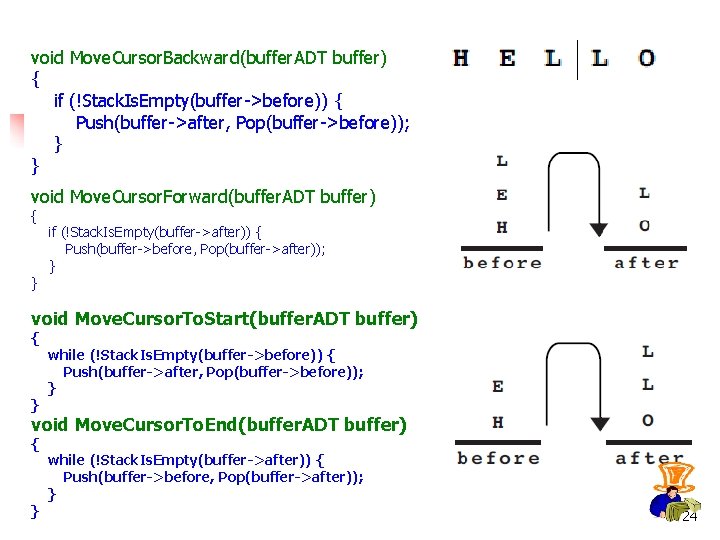 void Move. Cursor. Backward(buffer. ADT buffer) { if (!Stack. Is. Empty(buffer->before)) { Push(buffer->after, Pop(buffer->before));