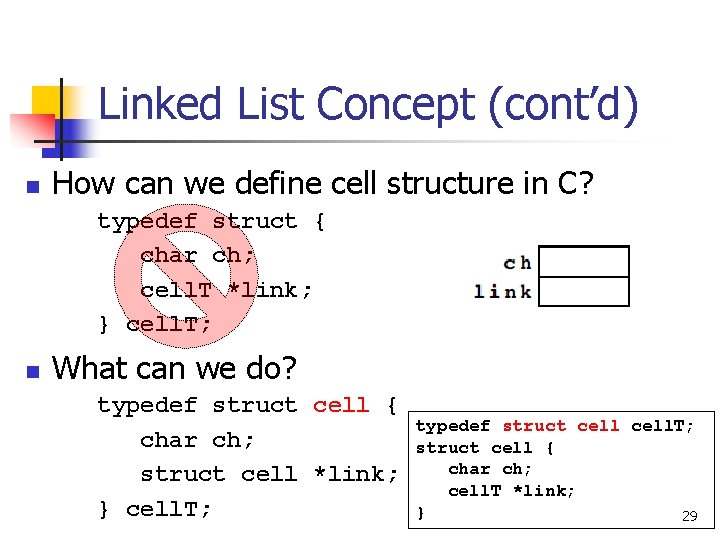Linked List Concept (cont’d) n How can we define cell structure in C? typedef