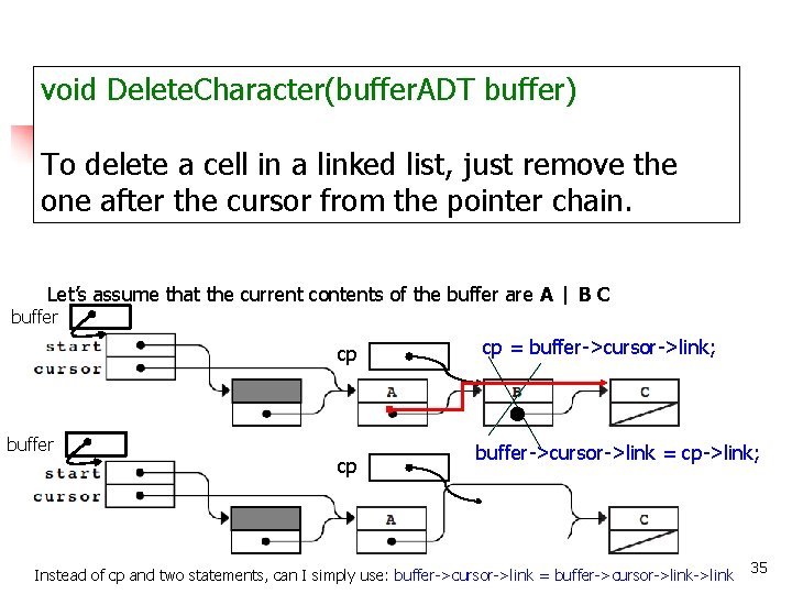 void Delete. Character(buffer. ADT buffer) To delete a cell in a linked list, just