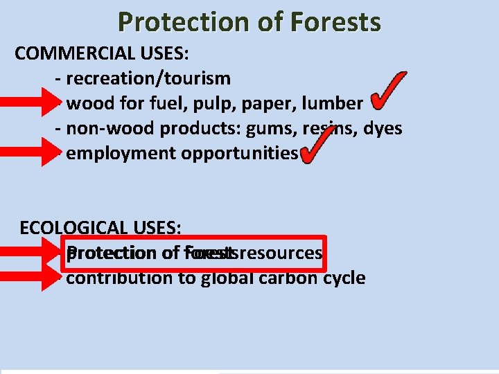 Uses of Forests Protection Employment of Forests COMMERCIAL USES: - recreation/tourism - wood for