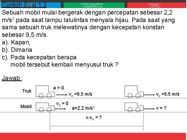 Contoh Soal 1. 3 Sebuah mobil mulai bergerak dengan percepatan sebesar 2, 2 m/s