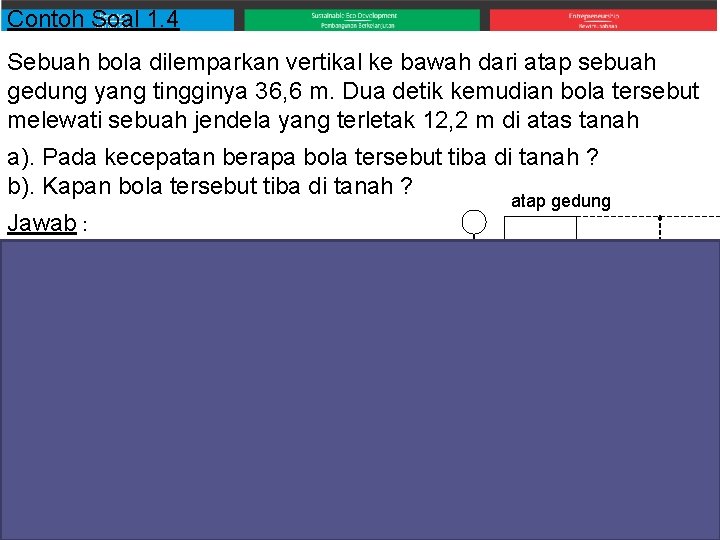 Contoh Soal 1. 4 Sebuah bola dilemparkan vertikal ke bawah dari atap sebuah gedung