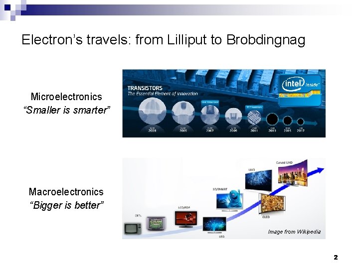 Electron’s travels: from Lilliput to Brobdingnag Microelectronics “Smaller is smarter” Macroelectronics “Bigger is better”