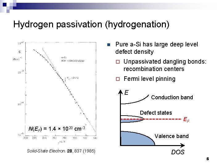 Hydrogen passivation (hydrogenation) n Pure a-Si has large deep level defect density ¨ Unpassivated