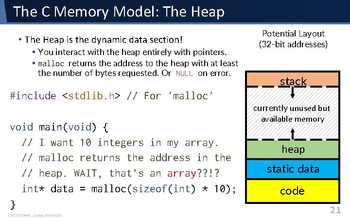 The C Memory Model: The Heap • The Heap is the dynamic data section! The C Memory Model: The Heap • The Heap is the dynamic data section!