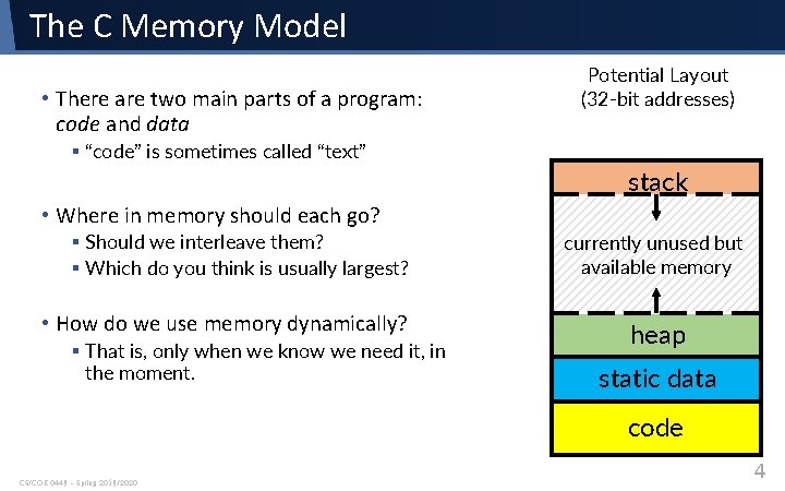 The C Memory Model • There are two main parts of a program: code The C Memory Model • There are two main parts of a program: code
