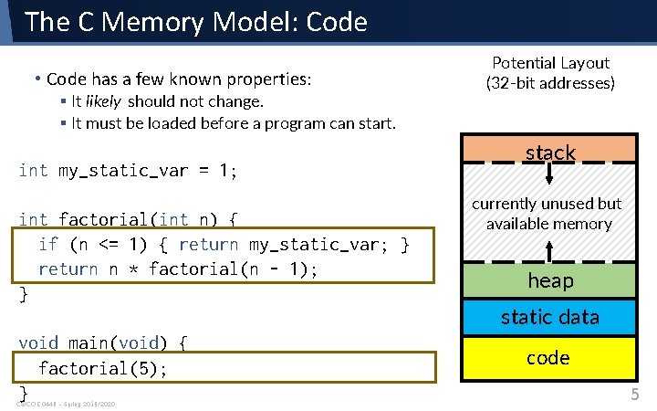 The C Memory Model: Code • Code has a few known properties: § It The C Memory Model: Code • Code has a few known properties: § It