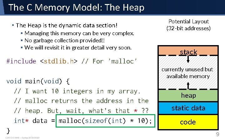 The C Memory Model: The Heap • The Heap is the dynamic data section! The C Memory Model: The Heap • The Heap is the dynamic data section!