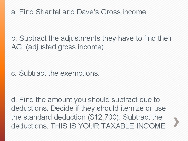 a. Find Shantel and Dave’s Gross income. b. Subtract the adjustments they have to