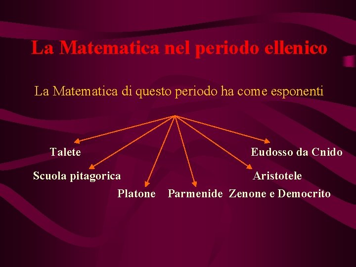 La Matematica nel periodo ellenico La Matematica di questo periodo ha come esponenti Talete