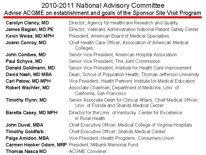 2010 -2011 National Advisory Committee Advise ACGME on establishment and goals of the Sponsor