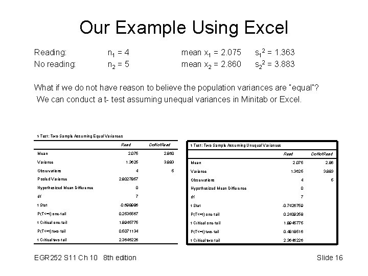Our Example Using Excel Reading: No reading: n 1 = 4 n 2 =