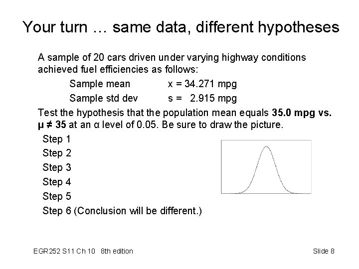 Your turn … same data, different hypotheses A sample of 20 cars driven under