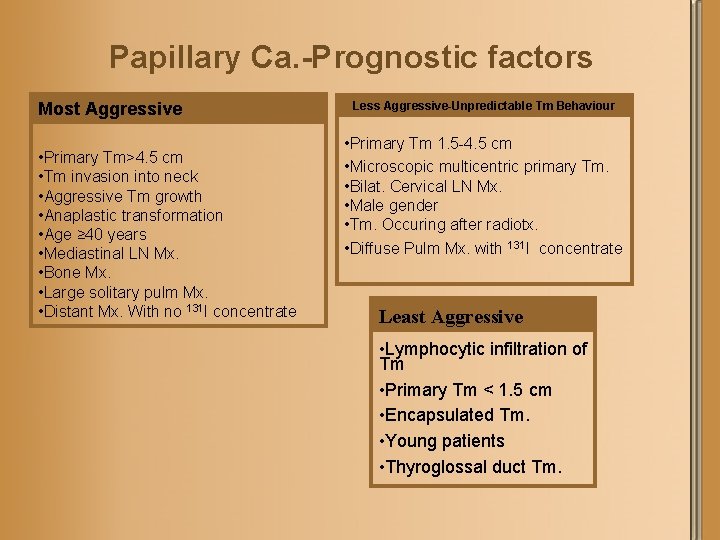 Papillary Ca. -Prognostic factors Most Aggressive • Primary Tm>4. 5 cm • Tm invasion