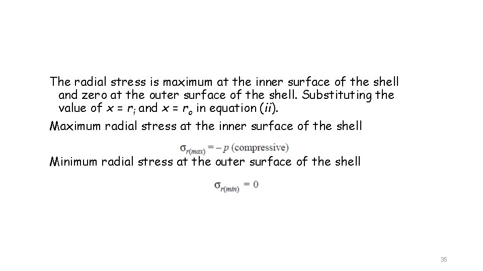 The radial stress is maximum at the inner surface of the shell and zero