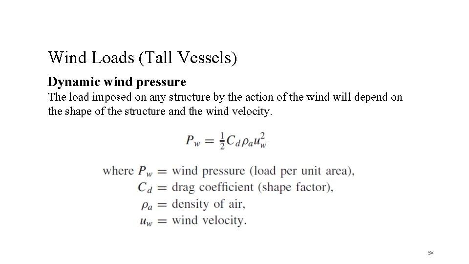 Wind Loads (Tall Vessels) Dynamic wind pressure The load imposed on any structure by