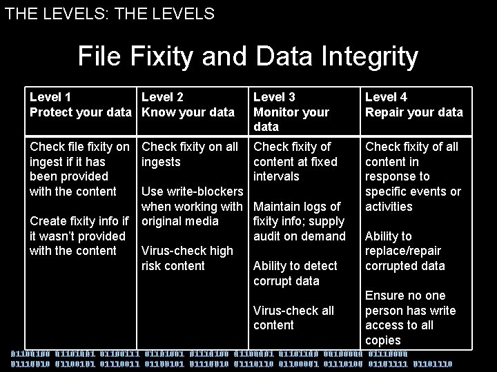 THE LEVELS: THE LEVELS Storage and Geographic Location File Fixity Data Integrity Level 1