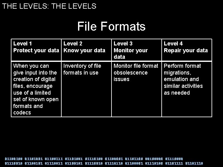 THE LEVELS: THE LEVELS Storage and File. Geographic Formats Location Level 1 Level 2