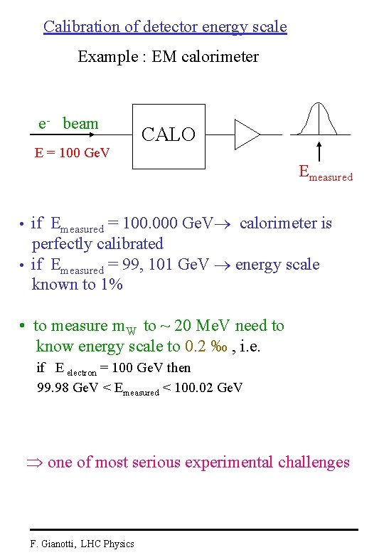 Calibration of detector energy scale Example : EM calorimeter e- beam E = 100