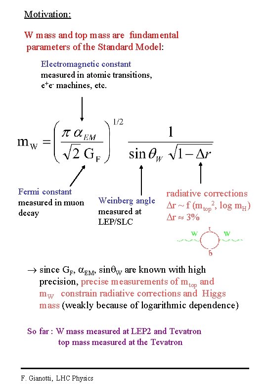 Motivation: W mass and top mass are fundamental parameters of the Standard Model: Electromagnetic
