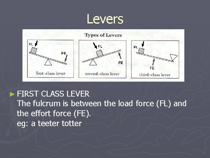 Levers ► FIRST CLASS LEVER The fulcrum is between the load force (FL) and