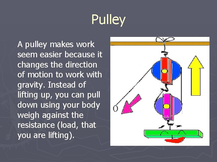 Pulley A pulley makes work seem easier because it changes the direction of motion