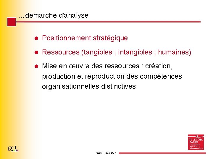 …démarche d'analyse l Positionnement stratégique l Ressources (tangibles ; intangibles ; humaines) l Mise