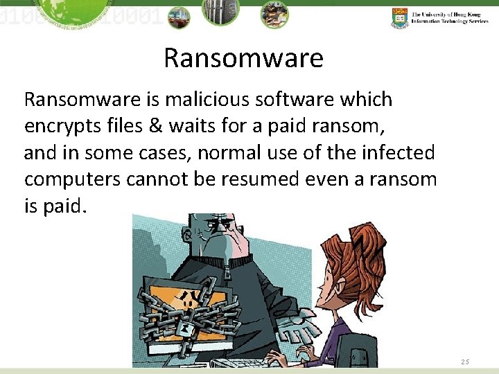 Ransomware is malicious software which encrypts files & waits for a paid ransom, and