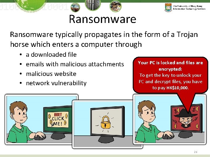 Ransomware typically propagates in the form of a Trojan horse which enters a computer